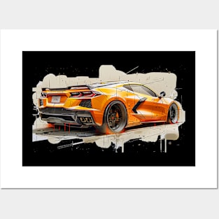 Amplify Orange C8 Corvette Rear View Supercar Racecar Engineering Sketch Printed on Back Corvette C8 Posters and Art